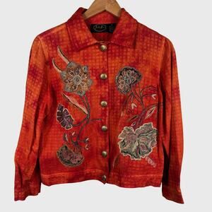 Julia Kin Women Small Orange Art to Wear Boho Floral Embroidered Button Up Shirt